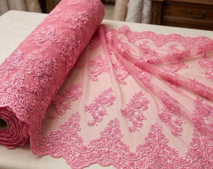 Candy Pink Hand Beaded Floral Mesh Lace Fabric By The Yard, Embroidered Sequin Bridal Lace For Prom Dresses & Wedding Gowns