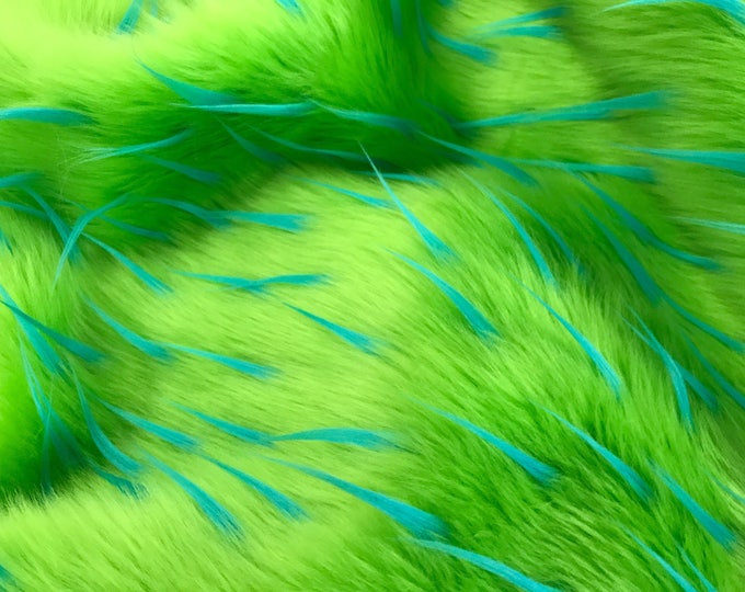 Turquoise spikes on a green faux fun fur-multi color-60" wide-fashion-decorations-jackets-apparel-upholstery-sold by the yard.