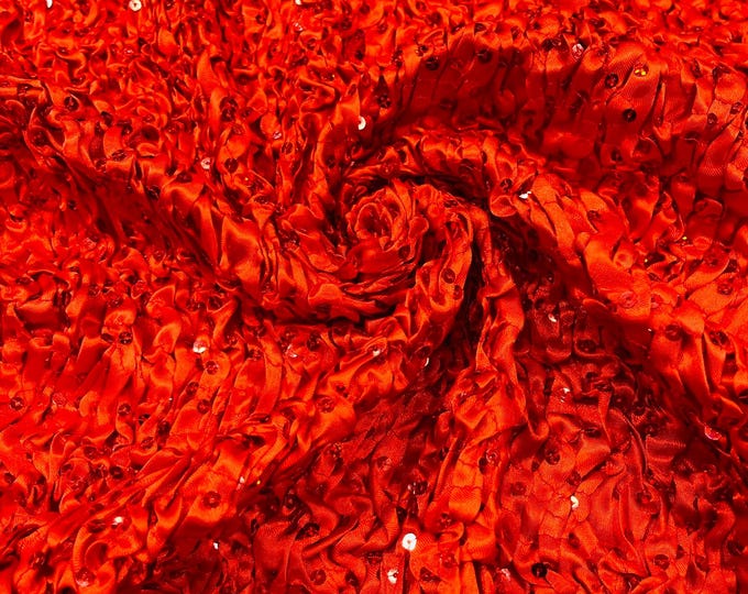 Red Pleated Stretch Satin Ruffle lace Trim With Hologram Sequin/24" Wide/Sold By The Yard.