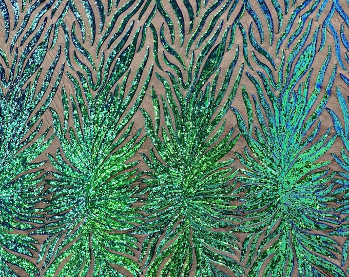 Green iridescent phoenix feather design with sequins embroider on a Black 4 way stretch mesh fabric-sold by the yard.