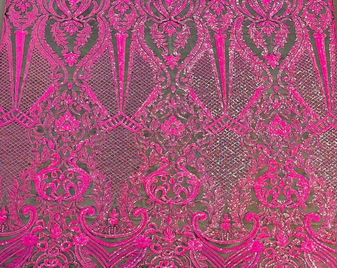 Hot Pink iridescent shiny sequin damask design on a Black 4 way stretch mesh-sold by the yard.