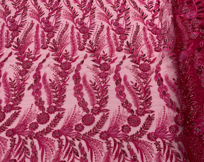 Hot Pink - Feather and Vine Beaded Lace Fabric, by The Yard.