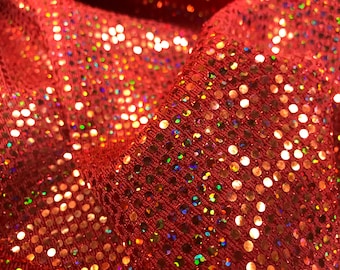 Red iridescent hologram round sequins on a metallic spandex-sold by the yard-free shipping in the usa.