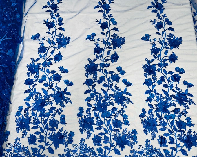 Royal Blue Emily 3d floral design embroider with pearls in a mesh lace-sold by the yard.