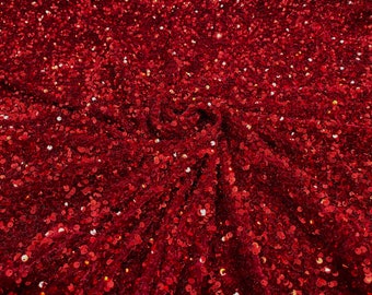 Dark Red  All-Over 5mm Shiny Sequins Stretch Velvet 54" Wide.