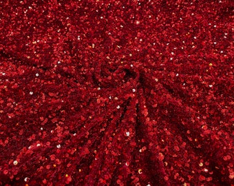 Dark red  5mm sequins on a stretch velvet 2-way stretch/ Costume Fabric/Apparel/ Sequin Velvet