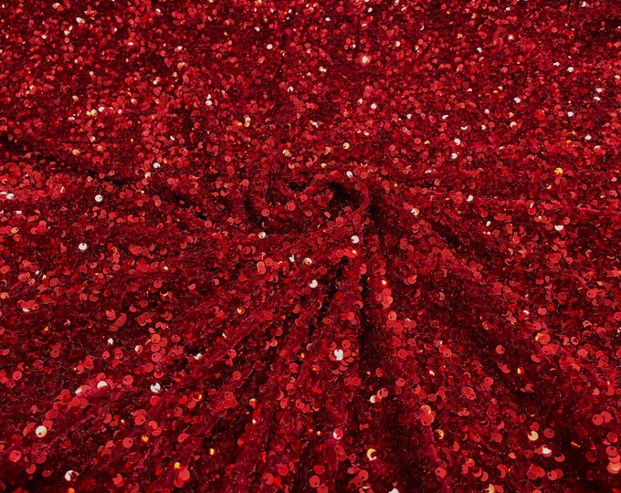 Dark Red  5mm sequins on a stretch velvet 2-way stretch/ Costume Fabric/Apparel/ Sequin Velvet