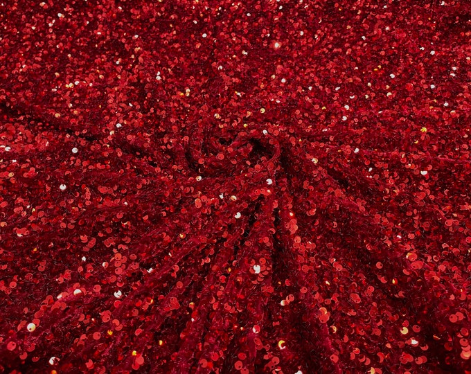 Dark red  5mm sequins on a stretch velvet 2-way stretch/ Costume Fabric/Apparel/ Sequin Velvet