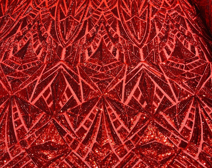 Red Geometric shiny sequin design on a 4 way stretch mesh-sold by the yard.