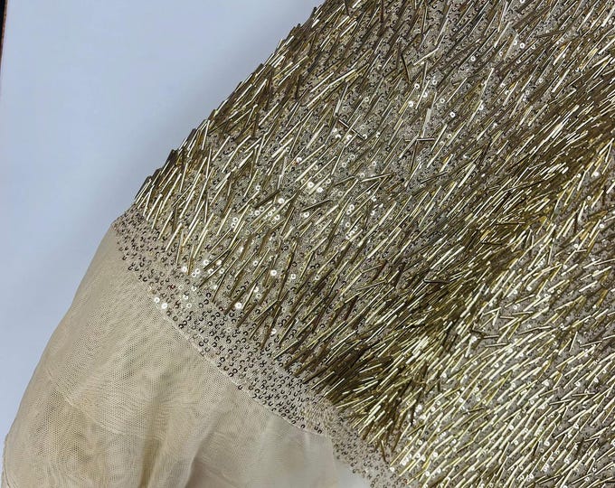 Gold-Vegas Beaded Sequin Stretch Mesh Fabric, Embroidered Design for Prom Gown, by The Yard