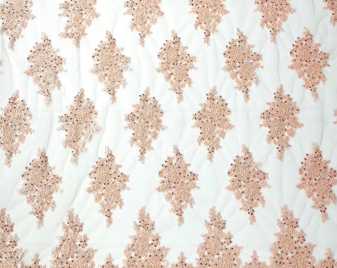 Blush Pink - Erin Diamond Beaded Metallic Floral Embroider On a Mesh Lace Fabric-Sold By The Yard-