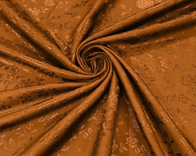 Cinnamon 60" Wide Polyester Flower Brocade Jacquard Satin Fabric, Sold By The Yard.