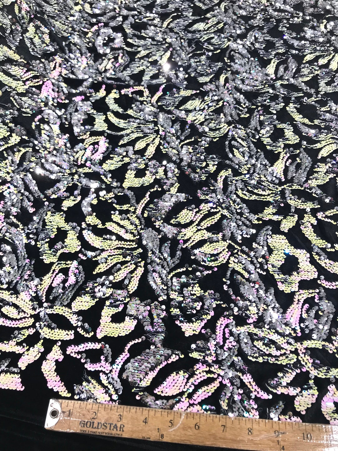 Sequins Flip Two Tone Floral Design on a Black Stretch Velvet, Sold by the Yard. Orange/Green main image 1