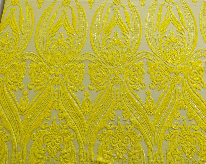Bright Yellow empire damask design with sequins embroider on a 4 way stretch mesh fabric-sold by the yard.
