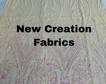 Iridescent pink empire design with sequins embroider on a Nude 4 way stretch mesh fabric-prom-nightgown-decorations-dresses-sold by the yard