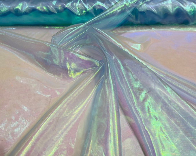 Aqua Blue iridescent 58/60" Wide 100% Polyester Soft Light Weight, Sheer, See Through iridescent Organza Fabric Sold By The Yard.