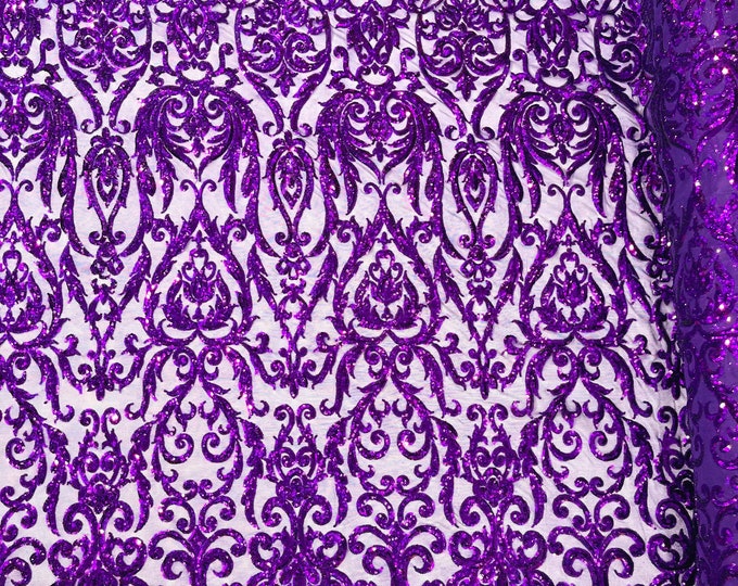 Purple shiny King Damask sequin design on a 4 way stretch mesh fabric-prom-sold by the yard.
