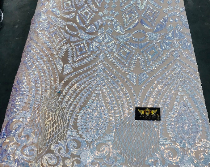 New clear iridescent diamond design with sequins on a nude 4 way stretch mesh-prom-nightgown-Sold by the yard