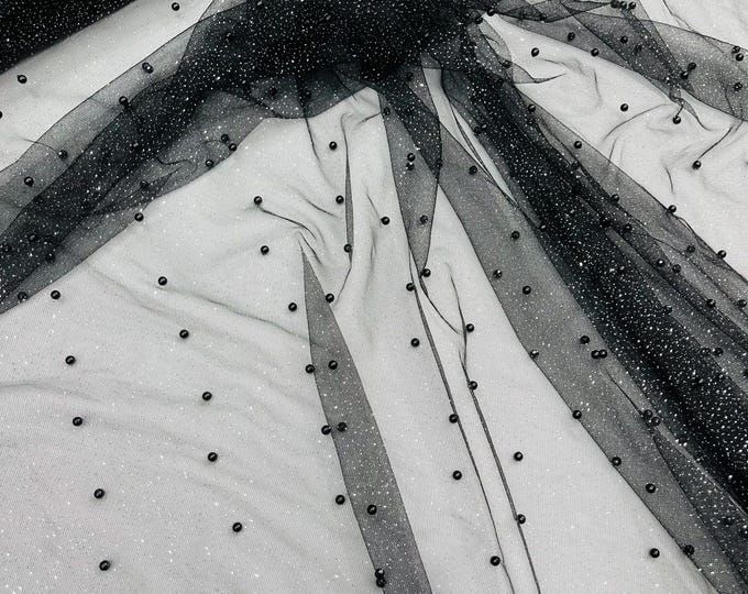 Black Pearl Glitter Studded Mesh, 2-Way Stretch Shimmer Mesh Fabric, Sold by the yard.