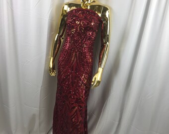 GOLD SEQUIN DIAMOND DESIGN EMBROIDERY ON A 4 WAY STRETCH MESH-SOLD BY YARD.