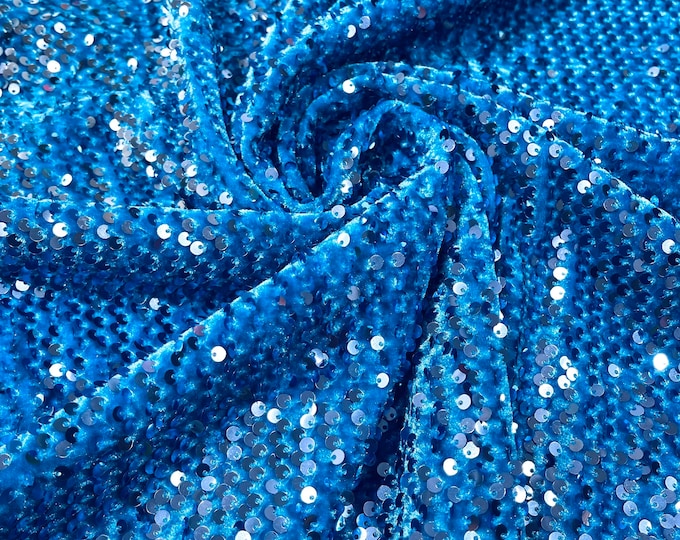 Turquoise Shiny sequins on a stretch velvet fabric-Prom-Nightgown-sold by the yard.