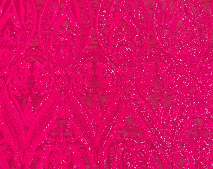 Hot pink hologram empire damask design with sequins embroider on a 4 way stretch mesh fabric-sold by the yard.