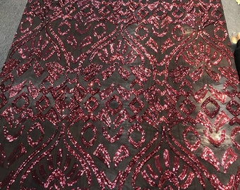 Black-burgundy geometric design embroidery with shiny sequins on a 4 way stretch mesh-dresses-fashion-prom-nightgown-sold by the yard.
