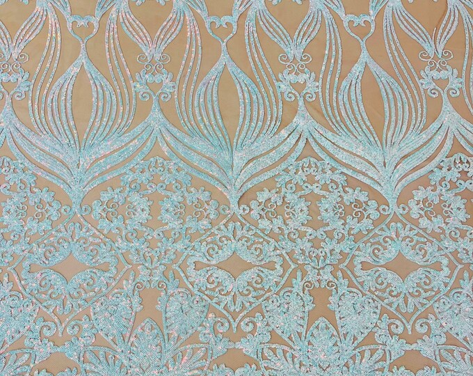 New Aqua Iridescent shiny sequin damask design on a Nude 4 way stretch mesh-Sold by the yard.