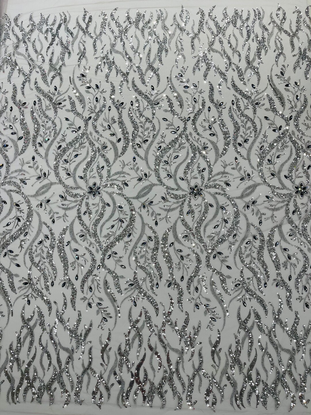 White Vine Design Embroider and heavy beading on a mesh lace-sold by the yard. main image 1