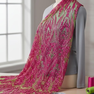 Sequins on Mesh, Hot Pink Big Damask Design on Neon Green Stretch Fabric