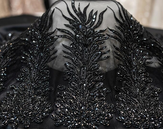 Black Feather Beaded Mesh Lace Panel, Heavy Sequined Embroidered Fabric for Vegas Costume, Evening Dress, Couture Apparel