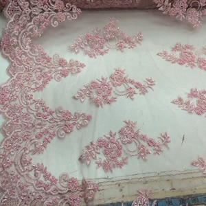 Elegant pink hand beaded mesh lace. Wedding/Bridal fabric lace.36x50inches. Sold by the yard.