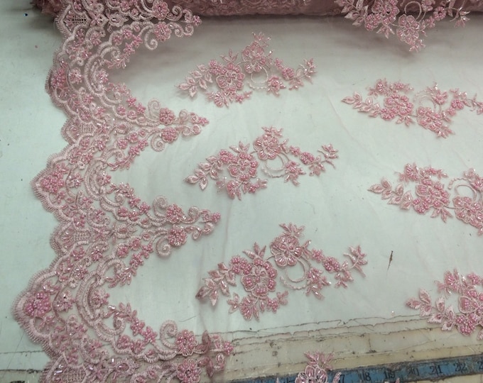 Elegant pink hand beaded mesh lace. Wedding/Bridal fabric lace.36x50inches. Sold by the yard.