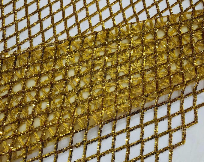 Diamond Sequin Mesh Fabric 54" Wide| Wedding & Party- Dark Gold