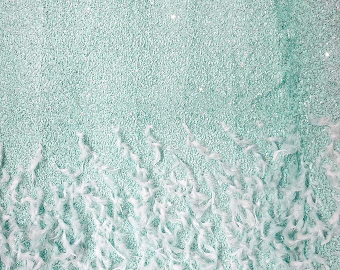 Mint 5mm sequins on a stretch velvet with feathers  2-way stretch, sold by the yard