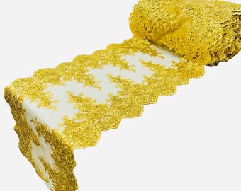 GOLD 14"Wide  Sequins Gold Metallic Embroidered Lace on Mesh Fabric, Trim Lace, Table Runner. Sold By The Yard.