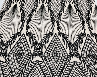 Black geometric diamond design with shiny sequins on a nude 4 way stretch mesh-dresses-prom-nightgown-sold by the yard-