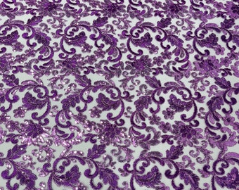 Lavender metallic corded embroider flowers with sequins on a mesh lace fabric-prom-sold by the yard.