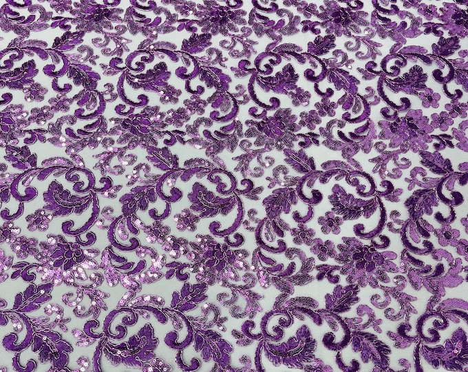 Lavender metallic corded embroider flowers with sequins on a mesh lace fabric-prom-sold by the yard.