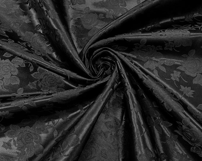 Black 60" Wide Polyester Big Roses/Flowers Brocade Jacquard Satin Fabric/Cosplay Costumes, Skirts, Table Linen/Sold By The Yard.