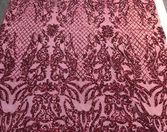 Burgundy sequins damask design embroidery on a 4 way stretch power mesh-dresses-fashion-apparel-prom-nightgown-sold by the yard.