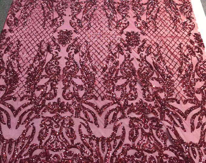 Burgundy sequins damask design embroidery on a 4 way stretch power mesh-dresses-fashion-apparel-prom-nightgown-sold by the yard.