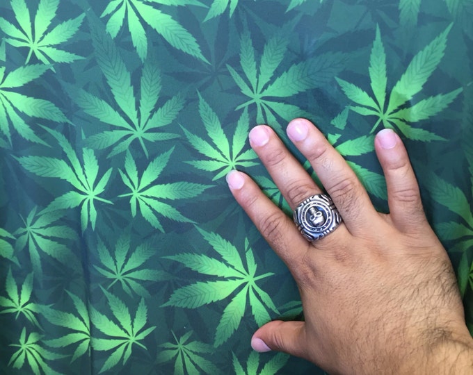 Green marijuana leaf print on white 2-way stretch spandex fabric-sold by the yard-