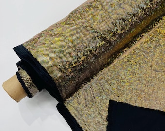 Gold/black Shattered Glass Foil Hologram/58” Wide/4 Way Stretch Spandex Nylon Tricot by the yard.