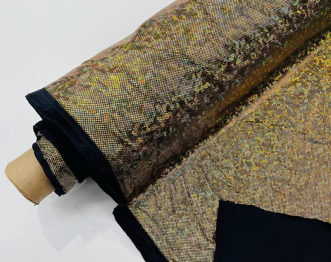 Gold/black Shattered Glass Foil Hologram/58” Wide/4 Way Stretch Spandex Nylon Tricot by the yard.