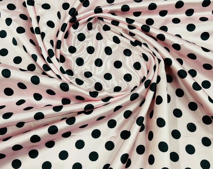 Black 1/2 inch Multi Color Polka Dot On A Pink Soft Charmeuse Satin Fabric Sold By The Yard-60" Wide 100% Polyester.