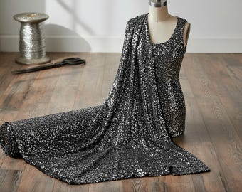 Silver Black Stretch Velvet with Shiny 5mm Sequins, 54" Wide Fabric Sold by the Yard