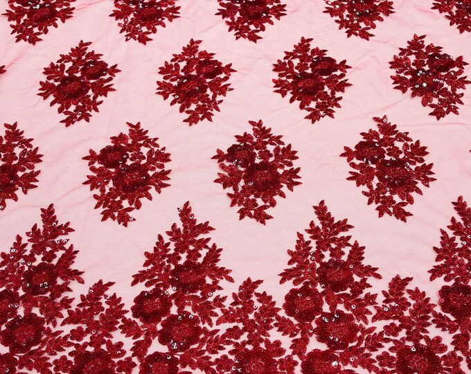Burgundy Floral corded embroider with sequins on a mesh lace fabric-sold by the yard.