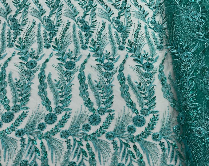 Jade - Feather and Vine Beaded Lace Fabric, by The Yard.