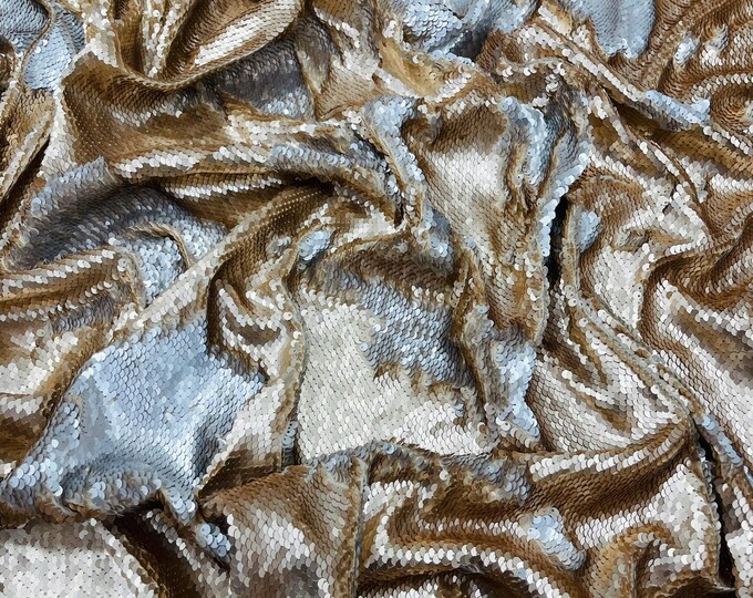 Champagne Silver Matte Reversible Color Changing Sequin Fabric| 54" Wide| Stretch Polyester Spandex.